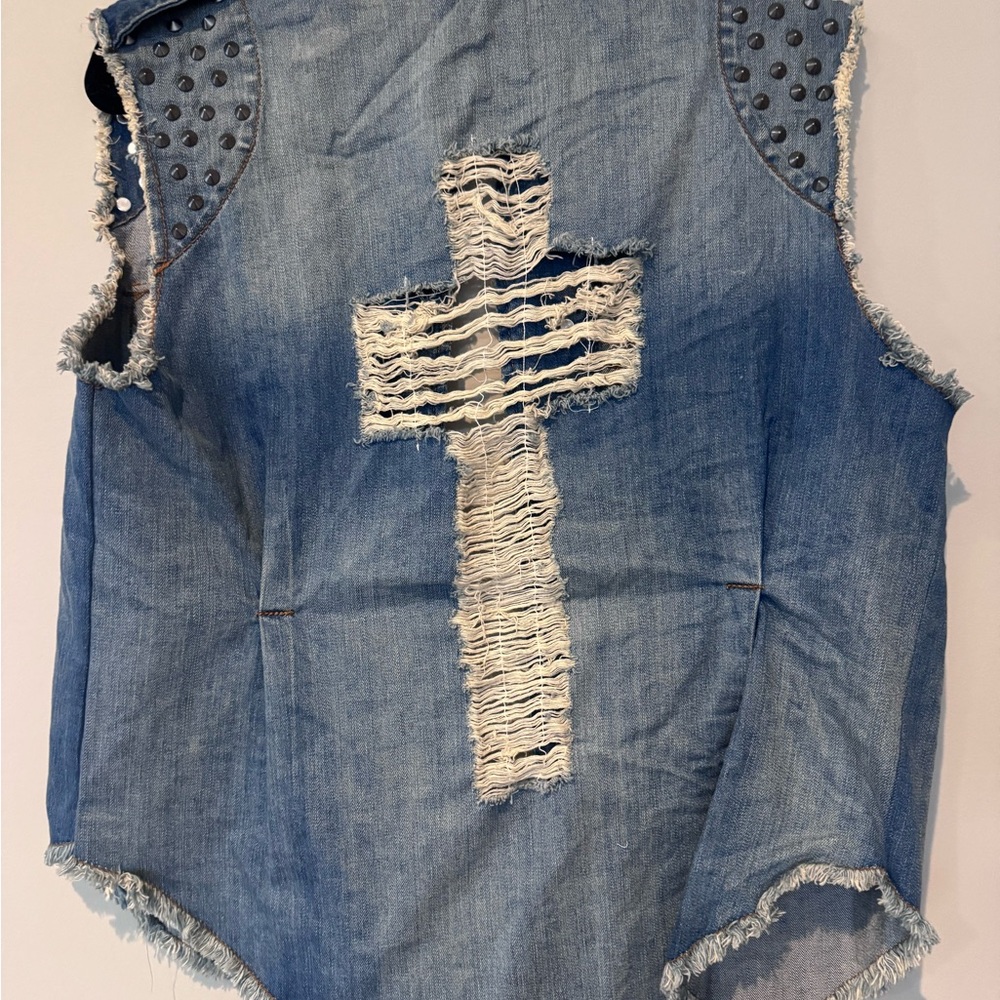 Mono B Blue Denim Vest with Distressed Cross